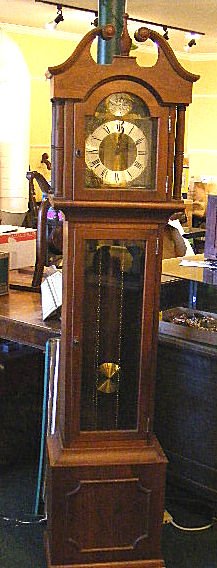 Walnut tall case clock, beveled glass door, German: Walnut tall case clock, beveled glass door, German movement, 79"