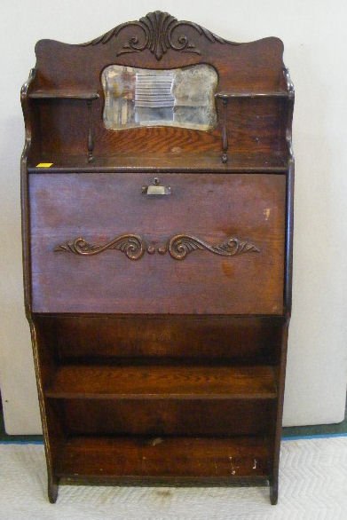 Oak Larkin desk with beveled mirror, 61" high: Oak Larkin desk with beveled mirror, 61" high
