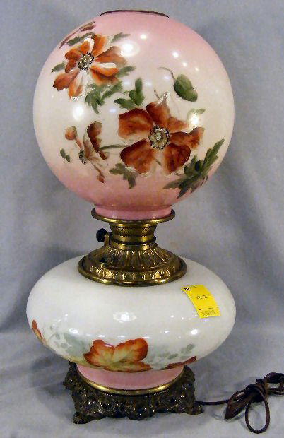 Gone with the wind oil lamp, electrified, shade do: Gone with the wind oil lamp, electrified, shade does not match base, both are old, flake on fitting edge of shade