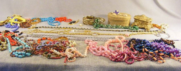 Large lot of costume jewelry, belts, basket, bead: Large lot of costume jewelry, belts, basket, beads, bracelets, etc.