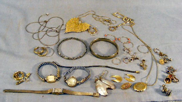 Lot of costume jewelry, chains, earrings, Elgin,: Lot of costume jewelry, chains, earrings, Elgin, Gruen & Meridian watches, etc.