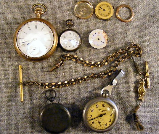 Lot including Waltham 15j. Gold filled pocket wat: Lot including Waltham 15j. Gold filled pocket watch running, small Waltham watch with sterling case not running, key wind pocket watch, not running, silver case, New Haven pedometer, two small watches