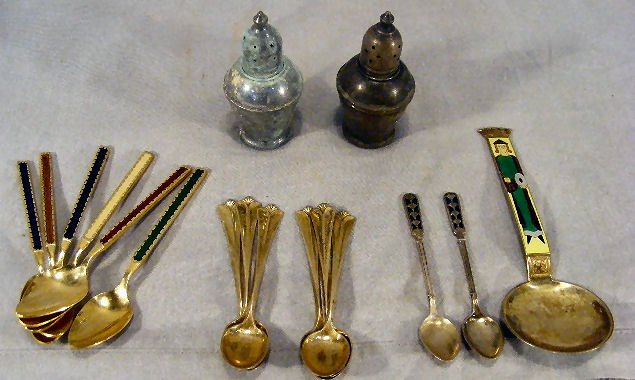 J. Tostrup 6" enameled sterling spoon, two enamel: J. Tostrup 6" enameled sterling spoon, two enameled sterling demitasse spoons, six .830 demitasse spoons, six enameled base metal spoon with gold wash and 2 sterling shakers with glass liners, total w