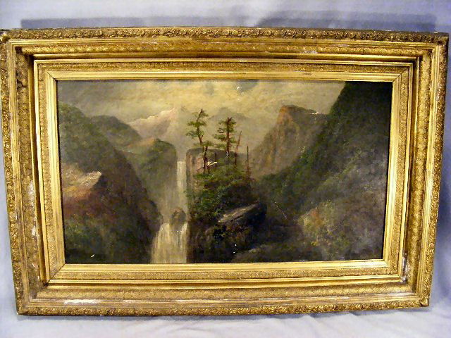19th century oil painting on canvas of mountain w: 19th century oil painting on canvas of mountain waterfall, 1.5" tear, 1" puncture, small amount of paint loss, pin point punctures, unsigned, image size, 28" X 16". Frame damaged