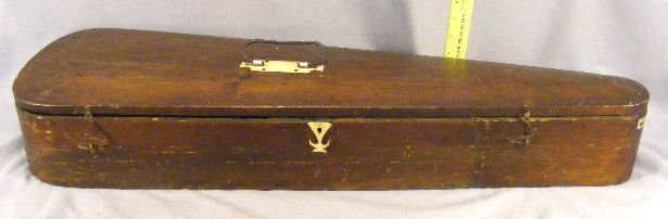 Antique wood violin case with bone hardware, 32" : Antique wood violin case with bone hardware, 32" long, top formed from single piece of wood