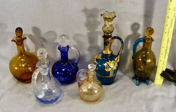 Lot of six cruets, wear to gold on enameled cruet: Lot of six cruets, wear to gold on enameled cruet