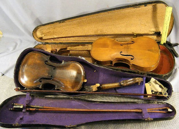 Two violins, no labels, one nicely inlaid, two bo: Two violins, no labels, one nicely inlaid, two bows not marked