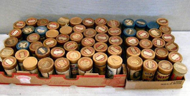 Lot 65 Vintage Edison Cylinder Records, lids may : Lot 65 Vintage Edison Cylinder Records, lids may not match records