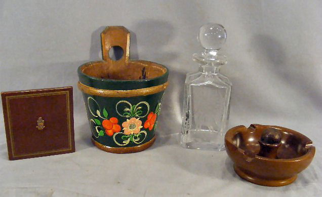 Misc. lot including Dunhill ashtray, Bohemian etc: Misc. lot including Dunhill ashtray, Bohemian etched decanter, painted bucket and single bookend