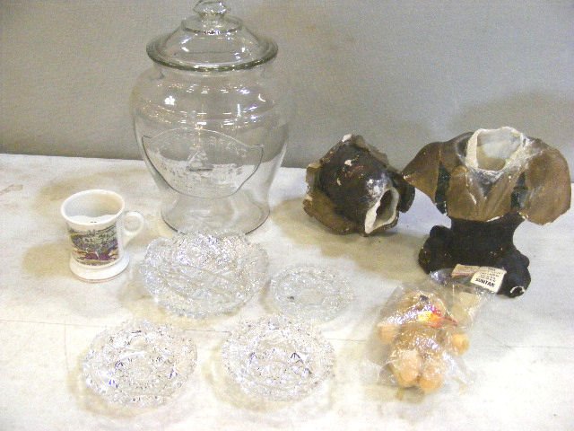 Misc. lot including Steiff bear, Squirrel Brand S: Misc. lot including Steiff bear, Squirrel Brand Salted Nuts jar, pressed and cut glass bowls, reproduction mustache cup, plaster bust of black child (broken)