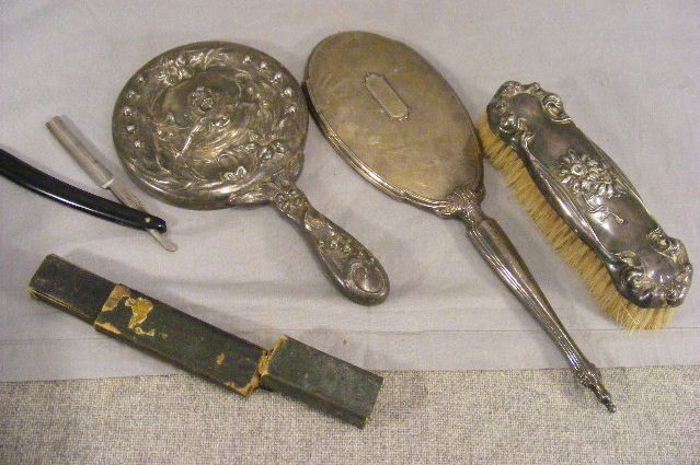 Lot including Webster sterling hand mirror, silve: Lot including Webster sterling hand mirror, silver plated art nouveau mirror, plated brush and razor