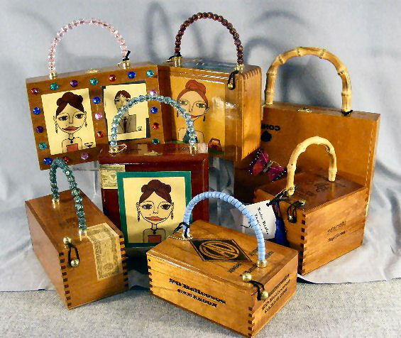 Cigar box purses by Katie Bisbee Designs, creative: Cigar box purses by Katie Bisbee Designs, creative one-of-a-kind purses. Beaded & bamboo handles, fabric lined interiors and a compact mirror. (purses with slide tops do not have mirrors), 3 with deco