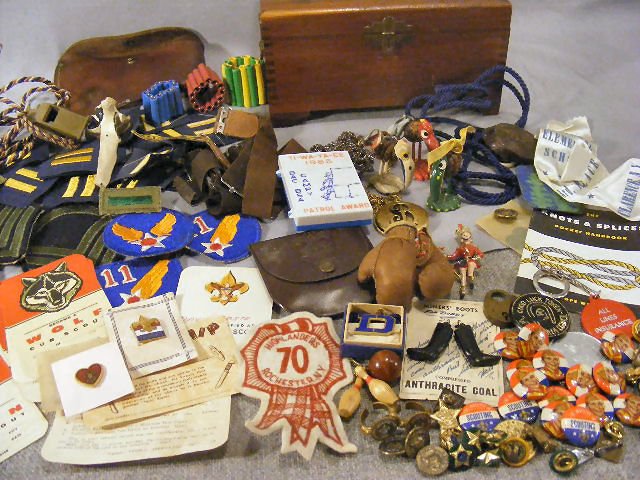 Vintage 1960's Boy Scout items, cards, pins, whet : Vintage 1960's Boy Scout items, cards, pins, whet stone, axe cover, TI-WA-YA-EE 1965 Patrol Award, etc. Misc. military patches, a box, etc.