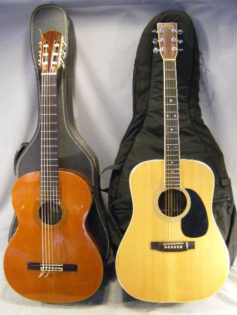 2 Takamine guitars w/ cases. Dark colored guitar h: 2 Takamine guitars w/ cases. Dark colored guitar has a split in top that runs under the saddle. Light color guitar is damage from the top of the sound hole to the end of the body under the neck. Soft 