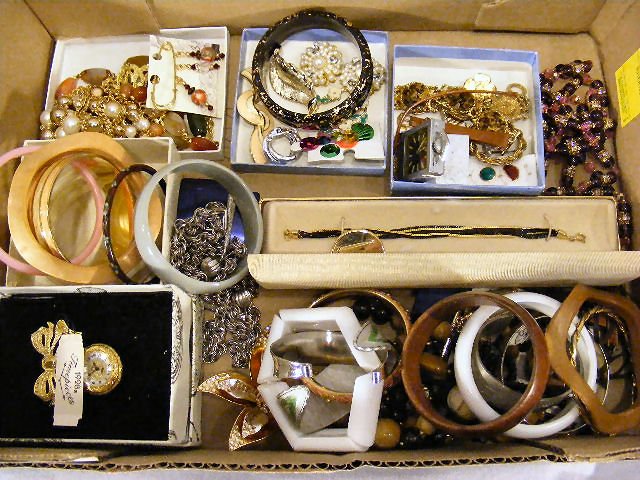 Costume jewelry. Pins, bangles, necklaces, Art Dec: Costume jewelry. Pins, bangles, necklaces, Art Deco travel clock, etc.
