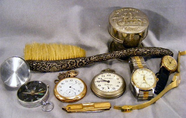 Sterling handled bush, Waltham pocket watch, St. : Sterling handled bush, Waltham pocket watch, St. Regis pocket watch, wristwatches, pat. 1897 cyclists cup, compass.