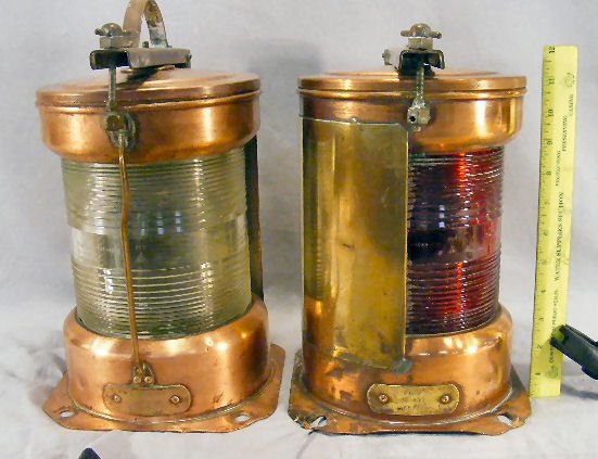Pair of electric copper ship lanterns, BT 400's,: Pair of electric copper boat lanterns, BT 400's, plastic shades- 1 clear masthead NK77 (missing nipple to hold down top), 1 red port NK77 (missing handle on top). Roughly 12" tall.