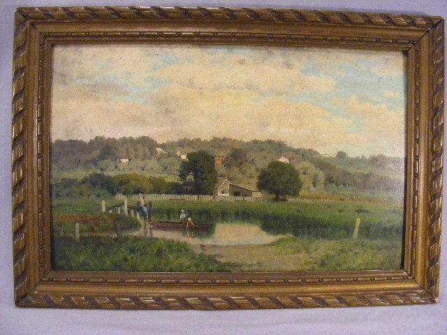 Primitive oil painting on board, pond scene, 22" : Primitive oil painting on board, pond scene, 22" X 14", signed Phelan "89 lower left