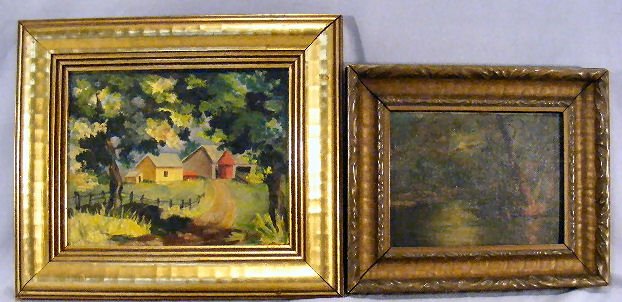 3pcs. Oil painting on 10" X 8" artist board "Sunn: 3pcs. Oil painting on 10" X 8" artist board "Sunny Barns" signed by Helen Yeagle together with oil on canvas of camp scene at night 6" X 8" initialed "TWY" lower right. Albert Bayer print, foxing.