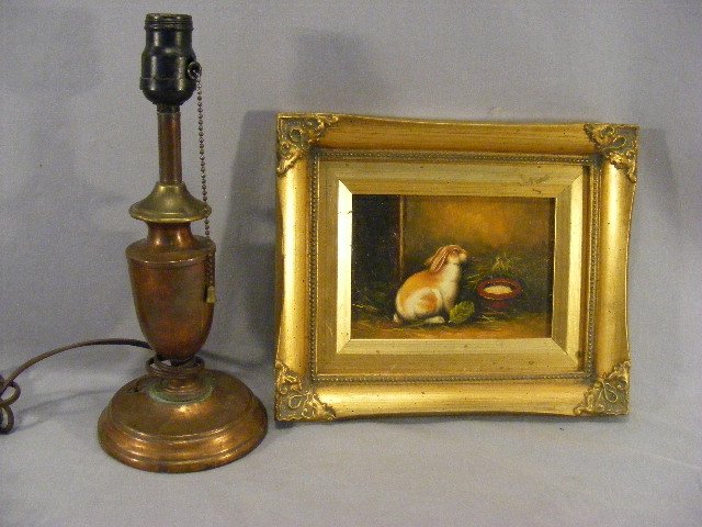 Robert Grace oil painting of rabbit on artist boa: Robert Grace oil painting of rabbit on artist board 6.5" X 4.5" image together with copper arts & crafts style lamp base