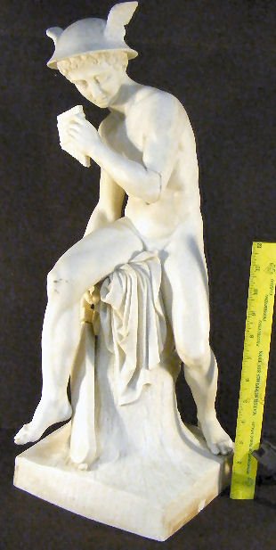 Large Parian figurine of Mercury, 22" high, arm bro: Large Parian figurine of Mercury, 22" high, arm broken off and glued, flake on base, unmarked