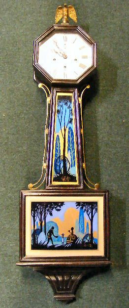 New Haven "Washington" model banjo clock, all glas: New Haven "Washington" model banjo clock, all glass in good condition, no pendulum or key, dial with scratches, measures 42" to top of eagle finial, all clocks sold "as is"