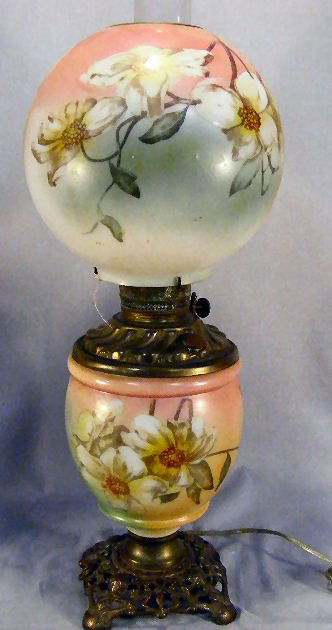 Gone with the Wind oil lamp with floral decorated: Gone with the Wind oil lamp with floral decorated shade & base, glass undamaged, electrified, 21" high to top of shade