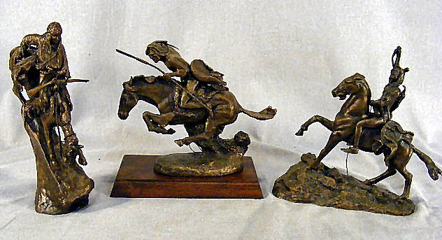 Three Frederick Remington Franklin Mint bronzes 19: Three Frederick Remington Franklin Mint bronzes 1988, approx. 6" - 7" high, The Mountain Man, The Cheyenne, The Scalp