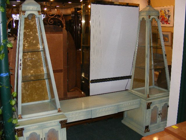 Painted credenza with removable obelisk shaped di: Painted credenza with removable obelisk shaped display cabinets, 7'11" wide, 6'8" high missing finial.