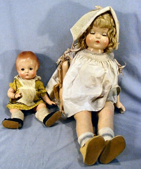 Effanbee 13" composition Patsy doll in very good c: Effanbee 13" composition Patsy doll in very good condition, minor flaking, one eye cloudy together with 23" unmarked composition head doll, as is with cracks and crazing to surface.