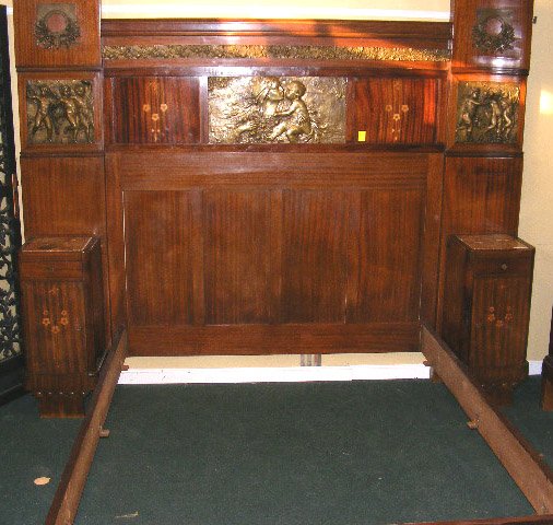 Art Nouveau style bed with marble top night stand: Art Nouveau style bed with marble top night stands, mate to above, mother and child cast plaque in center, 82.25"" tall, opening for mattress is 64"" wide & 78.5"" long, total width 103"". Disassemble