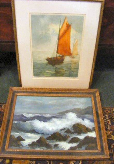 Oil painting on canvas of rocky coast signed Rober: Oil painting on canvas of rocky coast signed Robert Twee 16" X 12" image together with colored engraving of fishing boat signed Jules