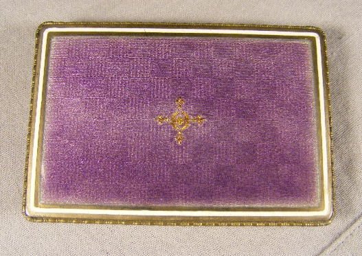 French sterling silver guilloche enamel with gold: French sterling silver guilloche enamel with gold wash interior, enamel undamaged except for one small chip on each corner of one side decoration, spring lid, measures 2" X 3" and weighs 3.54 troy oz.