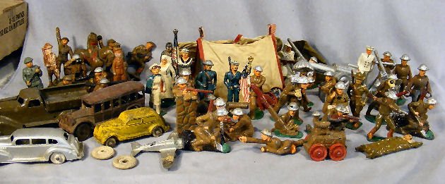 Vintage toys, Barclay & Manoil lead soldiers, rub: Vintage toys, Barclay & Manoil lead soldiers, rubber soldiers, Hubley-Kiddie toy car, pressed steel truck, iron bus, Ford All-Rubber car, etc.