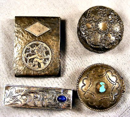 4pcs of sterling & silver. Round American Indian : 4pcs of sterling & silver. Round American Indian covered box, 900 silver English box, Guatemala 925 matchbook cover & 800 silver lipstick case & mirror (cloudy mirror). 3.08 OZT