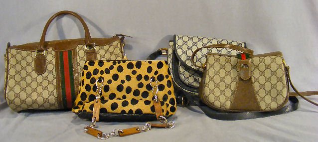 Lot including three Gucci hand bags and Greta leo: Lot including three Gucci hand bags and Greta leopard bag, each labeled and in good used condition