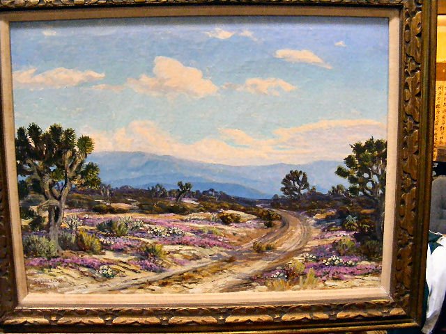 Oil on canvas, Road to Shangri-La Mojave Desert, : Oil on canvas, Road to Shangri-La Mojave Desert, signed Sylvia Winslow 1943. Good condition. Over all size is 32' x 40" Museum tag on back.