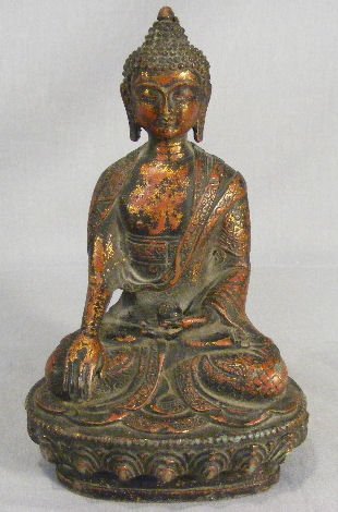 19th century Asian bronze figure, 8" high, gilded : 19th century Asian bronze figure, 8" high, gilded finish worn