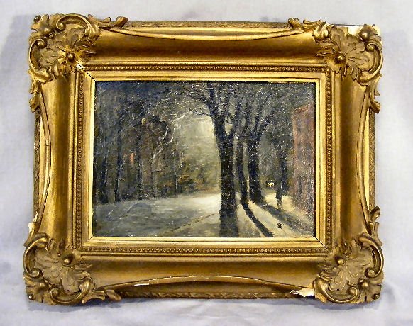 Maurice Galbraith Cullen oil painting on artist b: Maurice Galbraith Cullen oil painting on artist board, monogram on front, "Electric Light Effect" 8" X 10"