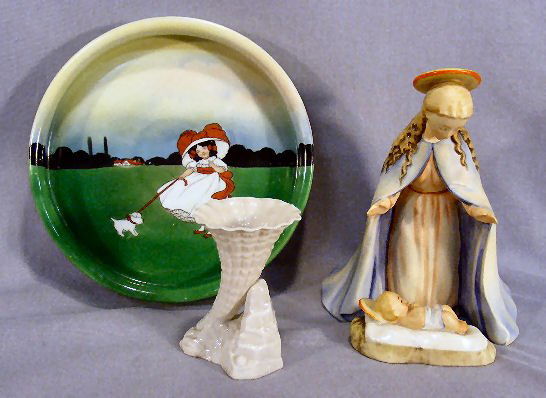 Hummel Full Bee Madonna and Christ Child, no damag: Hummel Full Bee Madonna and Christ Child, no damage or crazing, small Belleek black mark vase and Royal Bayreuth childs dish