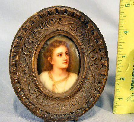 Firenze porcelain portrait "Boy Jesus" after Hoffm: Firenze porcelain portrait "Boy Jesus" after Hoffman, 2.5" X 2", carved wood frame