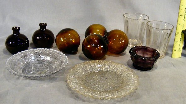 Lot of misc. early glass including 3 amber witch: Lot of misc. early glass including 3 amber witch balls (not 4 as shown), two flint tumblers, two deep red squat bottles, two lacy plates and amethyst salt