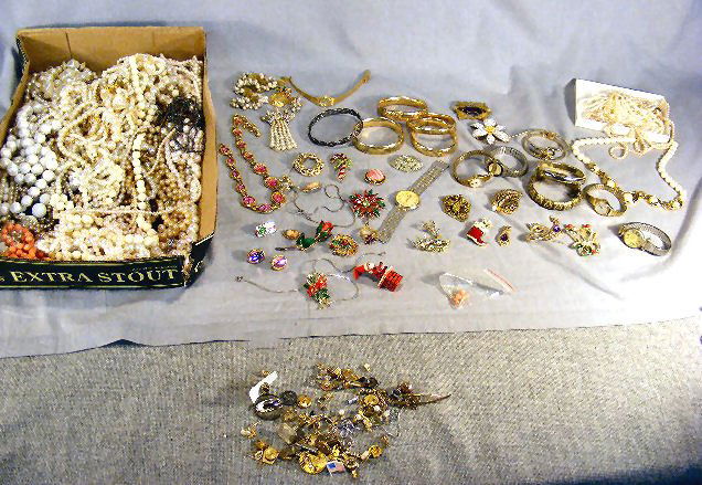 Large lot of costume jewelry including beads, bra: Large lot of costume jewelry including beads, bracelets, gold filled bracelets, pins, holiday jewelry, Eastern Star jewelry, watches, etc.