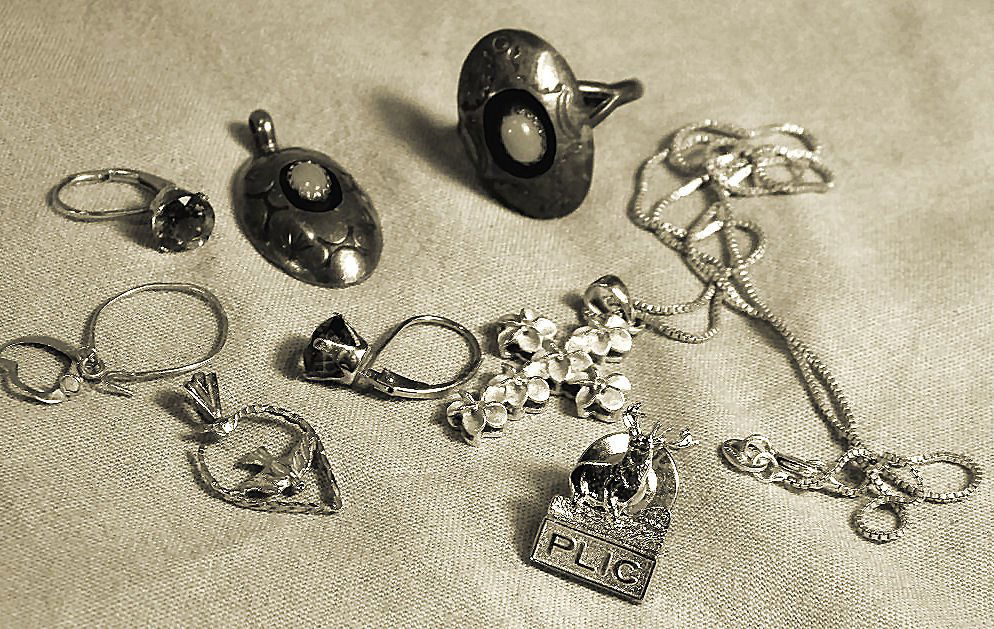 Lot of misc. sterling and gold jewelry - sterling: Lot of misc. sterling and gold jewelry - sterling tie tack, pendant & chain, native American ring & pendant signed L.B. Tom total weight 13 grams, 14K gold includes dove pendant, single earring with h