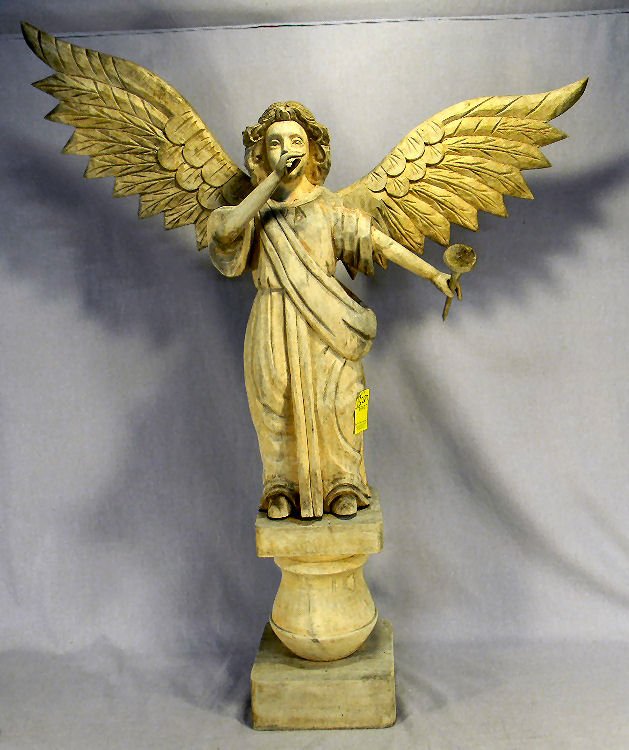 Contemporary carved wood angel Gabriel, detachabl: Contemporary carved wood angel Gabriel, detachable wings, 30" high to top of head, 27" wide wings