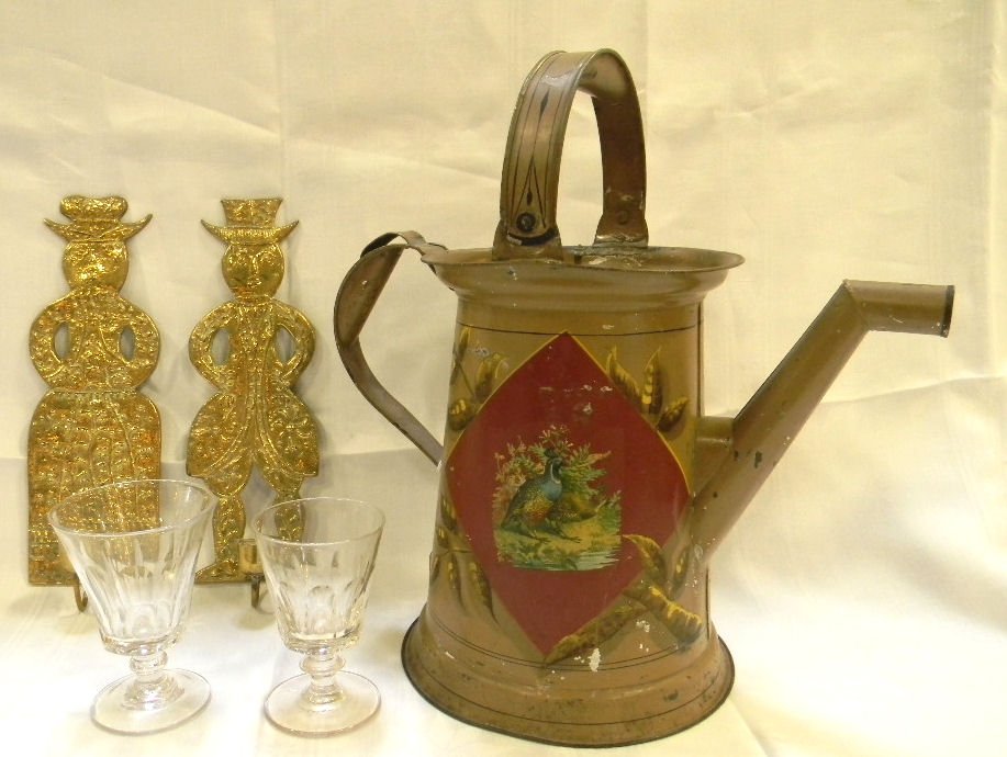 Lot including tole painted tin water can, pair o: Lot including tole painted tin water can, pair of Dutch brass candle sconces and two flint glass goblets