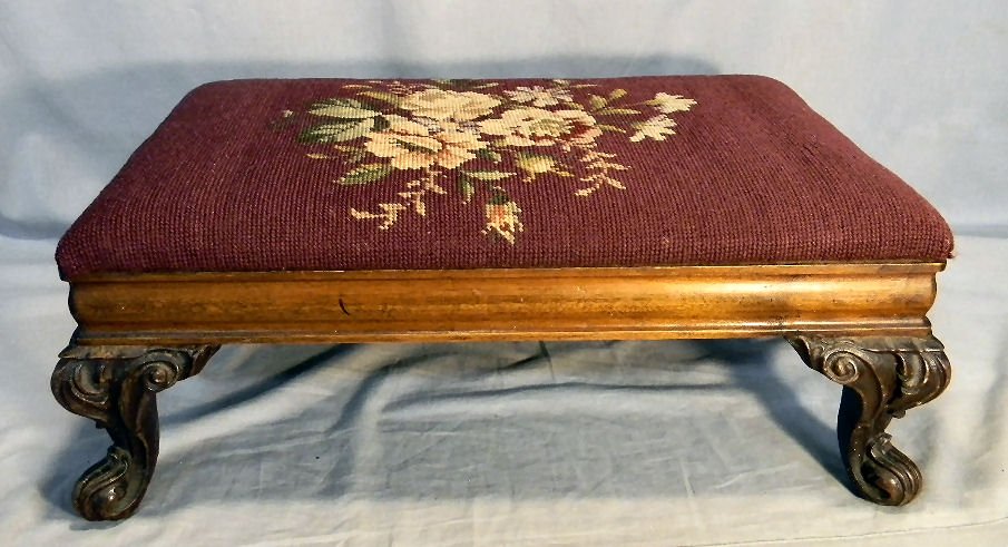Victorian needlepoint footstool: Victorian needlepoint footstool, 20" X 12", 8" high