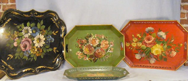 Lot of four painted tole trays, largest measures 20: Lot of four painted tole trays, largest measures 20" X 27", three are Pilgrim Art, some wear, scuffs, etc.