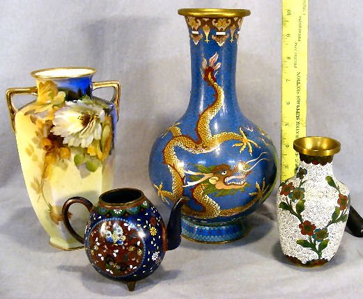 Lot including two cloisonne vases and teapot (no li: Lot including two cloisonne vases and teapot (no lid) and Nippon vase