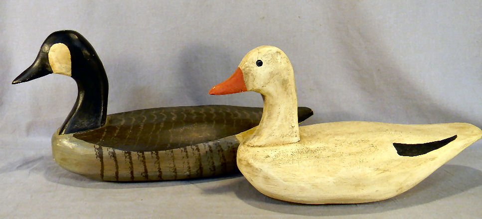 Canada goose and snow goose decoys, unmarked, iden: Canada goose and snow goose decoys, unmarked, identified on tags as made by John Barnes, Virginia Beach, Va.